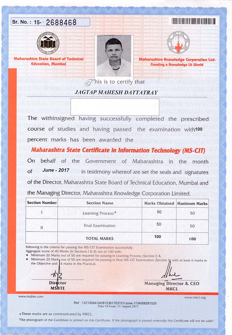 MSCIT Student Certificate