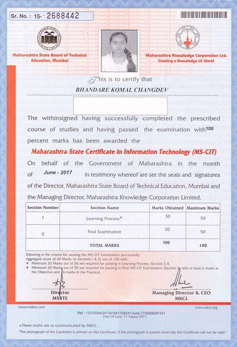 MSCIT Student Certificate
